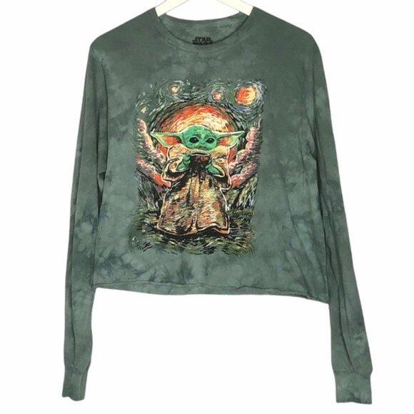 Baby Yoda Star Wars Starry Night Longsleeve Crop T-Shirt Medium - Picture 2 of 5